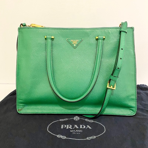 Prada Handbags - Prada Saffiano Cuir Large Double Zip Tote in Verte